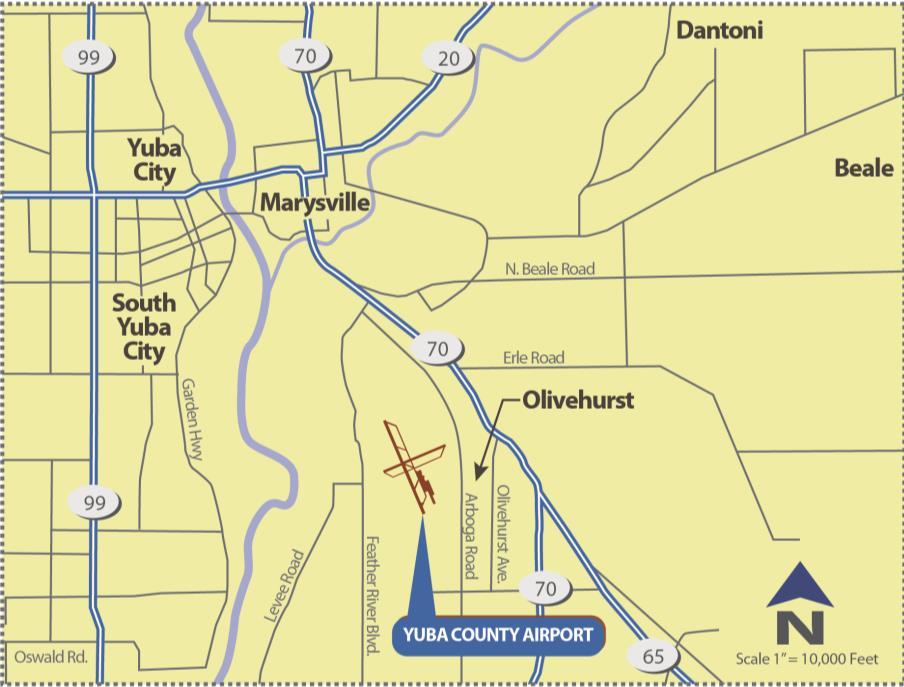 Downtown Yuba City is about four miles northwest of the Airport. Sacramento is about 25 miles due south of the Airport.