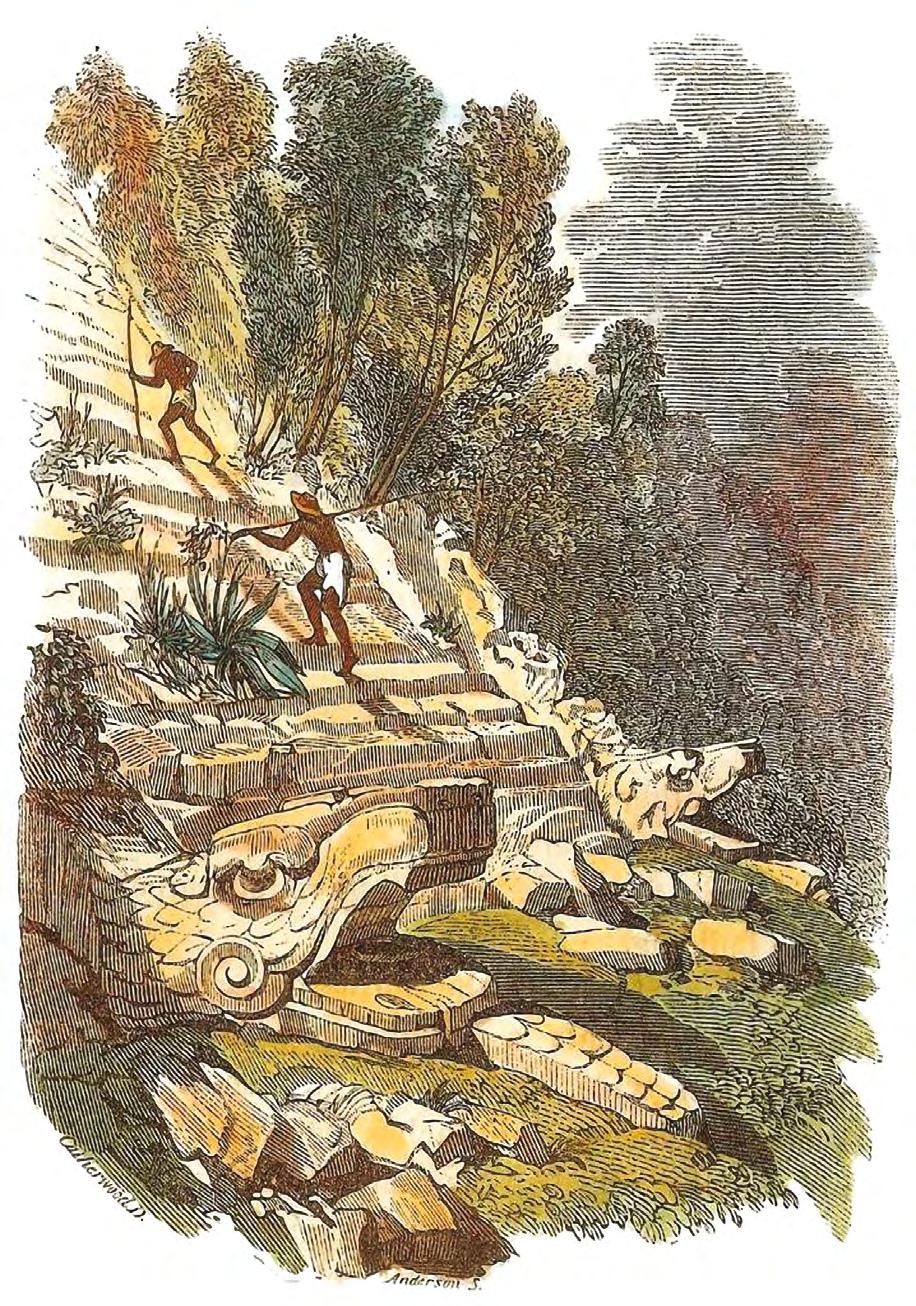 Frederick Catherwood. Detail of the stairs and one of the plumed serpents descending from El Castillo, Chichén Itzá, Yucatán, Mexico, 1843 (lithograph).