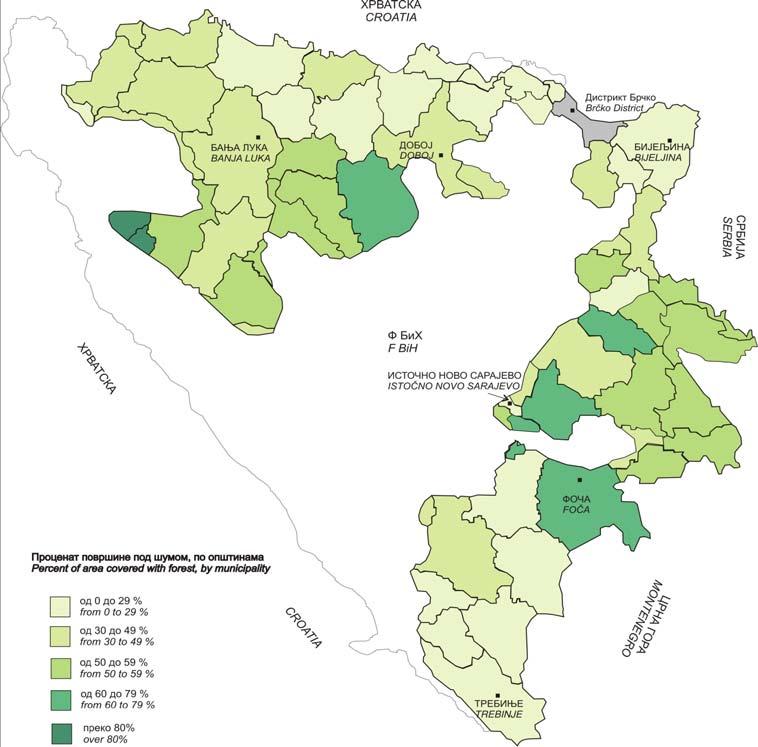 Карта бр. 1: Површине под шумама по општинама у 2006. години 46 За шумска подручја Републике Српске карактеристично је да нису једнако отворена, односно неједнако подлијежу искоришћавању.