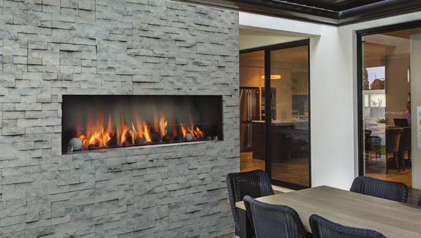 Outdoor Linear Fireplaces Unit illustrated is a OFP7972S1N Outdoor Linear Gas Fireplace (Single Sided - Millivolt/), MQG5 Glass Media (ronze x6), MQRD3 Drift Wood (5 pc set), MQSTONE Decorative