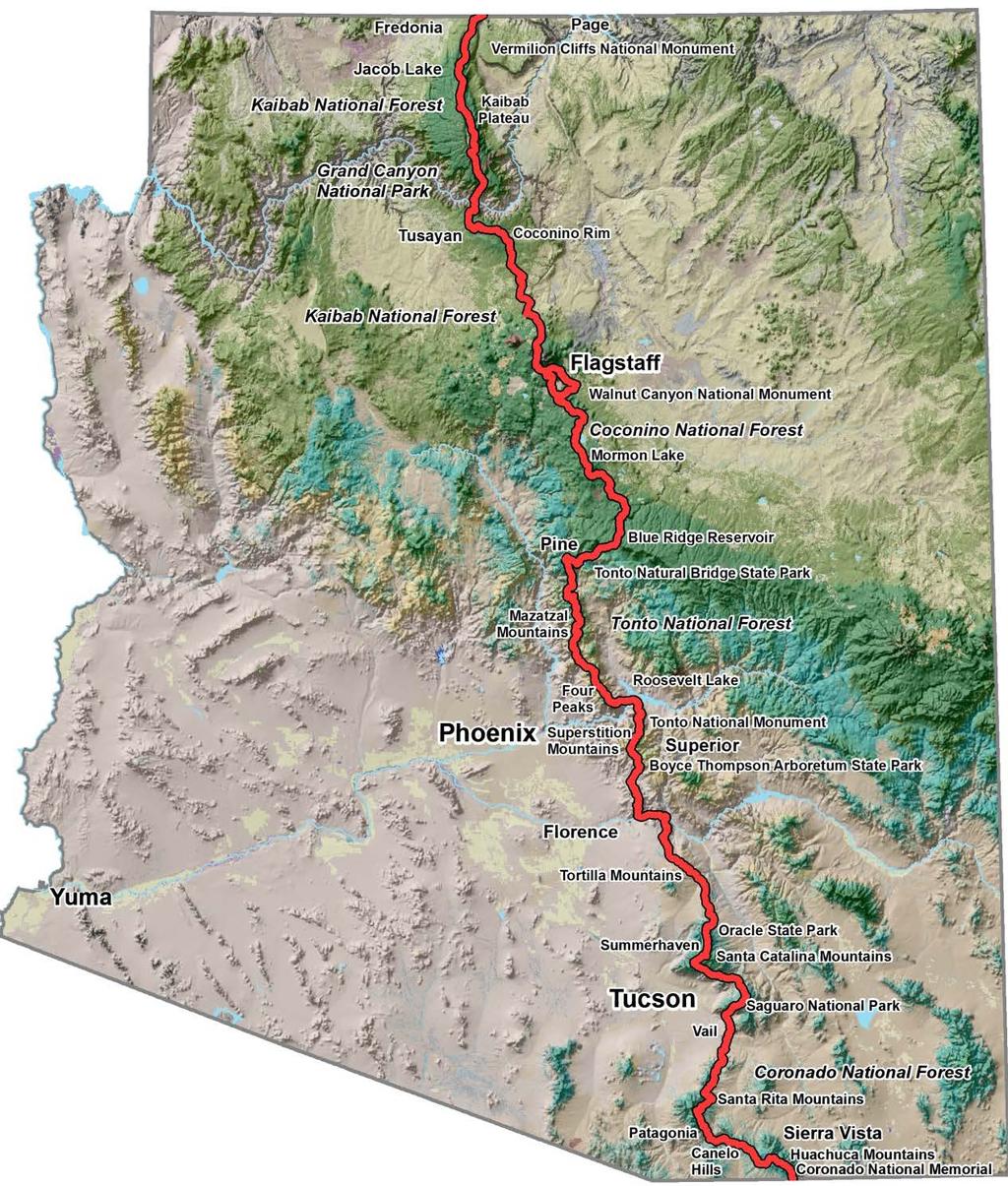 The Arizona National Scenic Trail is an 800 mile recreation trail from Mexico to Utah that connects mountain ranges, canyons, deserts, forests, wilderness areas, historic sites, trail systems, points