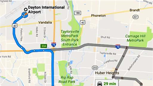 Dayton International Airport to WPAFB*(~30 min) 1. Take the Airport Access Road to I-70 E. 2. Merge onto I-70 E & then take exit 33A to merge onto I-75 toward Dayton. 3. On I-75, take exit 54B for OH-4 N.