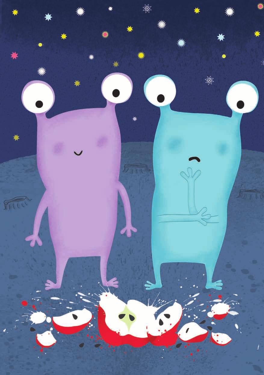 Two creatures climbed out of the spaceship. Pebble watched as they put a blanket on the ground and spread out a lot of strange coloured objects.