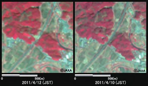 Figure 2.1-12 Joban Expressway in Iwaki City, Fukushima (same 1 1 km area) Left: after the earthquake on April 12, 2011; right: before the earthquake on April 10, 2011 2.1.3.4 Marine debris Figure 2.