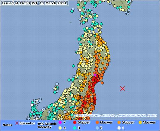 Figure 1. Seismic intensity map for The 2011 off the Pacific coast of Tohoku Earthquake (JMA, 2011) JMA (2011). The 2011 off the Pacific coast of Tohoku Earthquake, -Portal- http://www.jma.go.