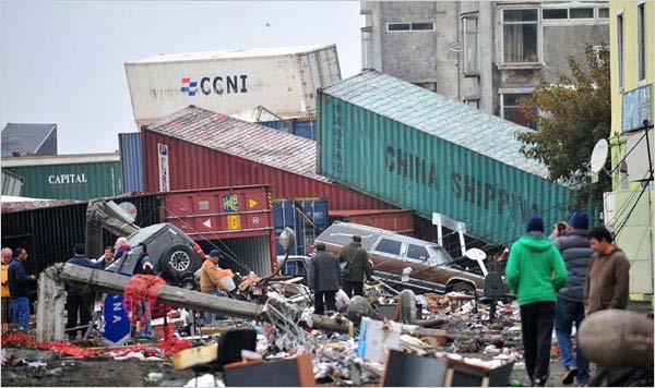 Containers stranded by tsunami in Talcahuano
