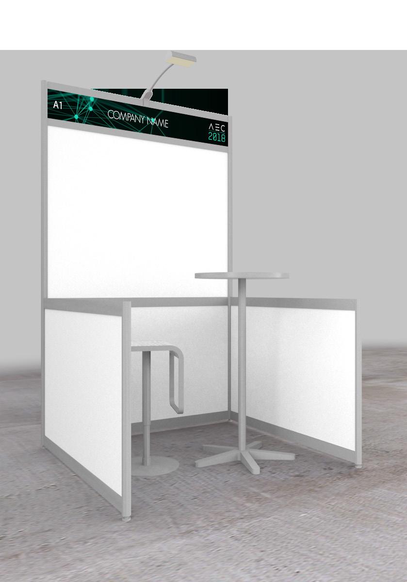 5mH Octanorm pod - a choice of 2 designs 1 x LED arm Light Carpet as per venue 1 x 4amp power outlet Option 1-1 x counter with shelf and 2 x stools Option 2-1 x bar table and 1 x stool Option 1