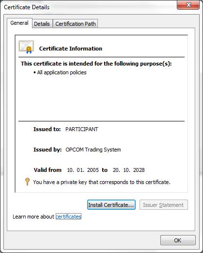 Certificare a OPCOM prin selectarea butonului Sunt afisate informatii