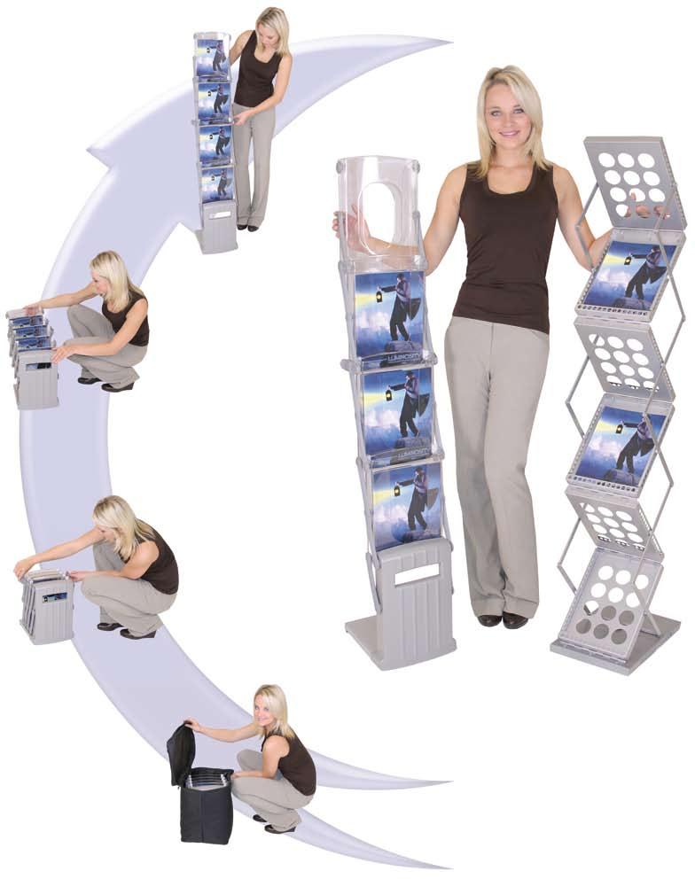 LITERATURE RACKS VY-3 We offer a wide range of trade show literature racks in three styles: fully collapsible racks, an excellent choice if transportation is your biggest issue; flat packs and