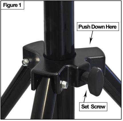 Continue pushing downward until the legs are fully extended. Once the legs are fully extended, you will need to tighten the set screw to secure the legs into position. 2.