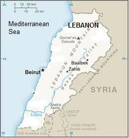 Lebanon 1. Lebanon has a Mediterranean climate characterized by a long, hot, and dry summer, and cool, rainy winter. What is the large body of water on Lebanon s western border? 2.