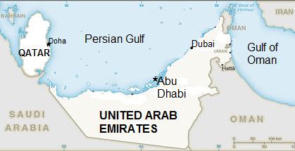 United Arab Emirates (U. A. E.) 1. The United Arab Emirates lies on the southeastern border of Saudi Arabia. The capital of U.A.E. is. 2. Dubai is a major commercial city in U.