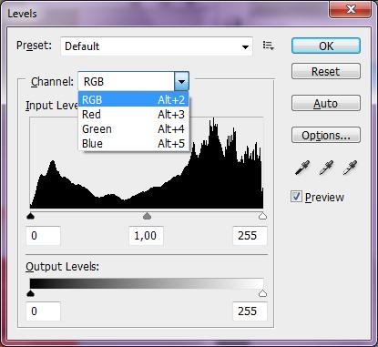 Slika g. Po defaultu se otvara histogram za sva tri kanala (RGB), pa će tako pomicanje klizača utjecati na sva tri kanala odjednom.