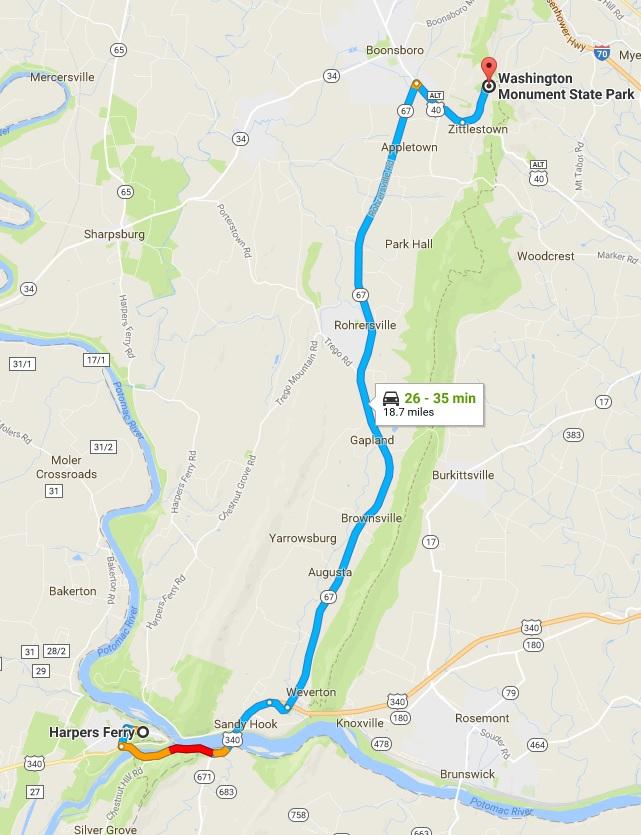 DIRECTIONS FROM WASHINGTON MONUMENT SP, MD TO HARPER S FERRY, WV 1. Head South West on Zittlestown Road towards US-40 ALT W 2.
