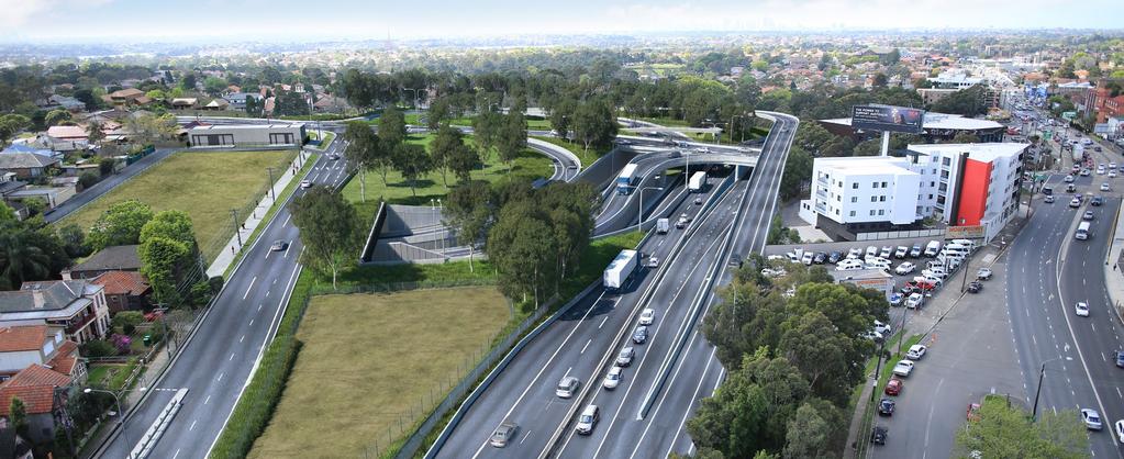 Artist impression of the Concord Road interchange, Concord - concept only WestConnex s M4 East will extend the M4 Motorway with two new 5.