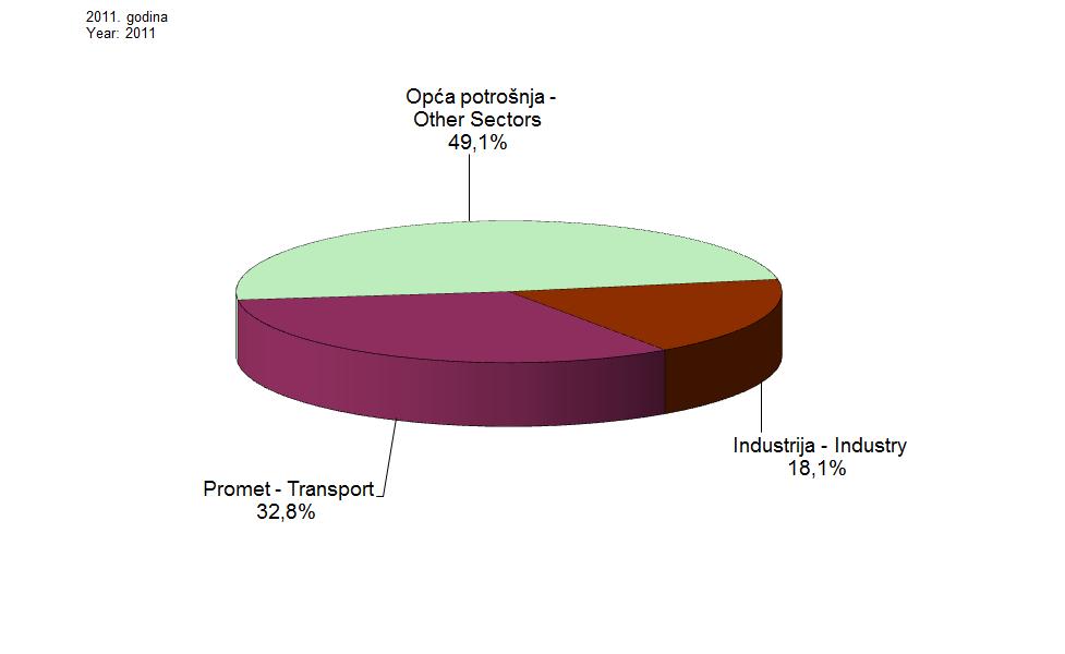 Najveći udio u neposrednoj potrošnji energije ostvarila je opća potrošnja s 49,1%, zatim Promet s 32,8% te