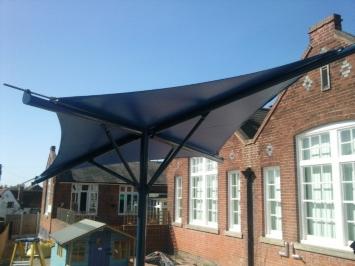 Based on the design of the fixed umbrella structure this design has a flat fabric canopy which is angled on the