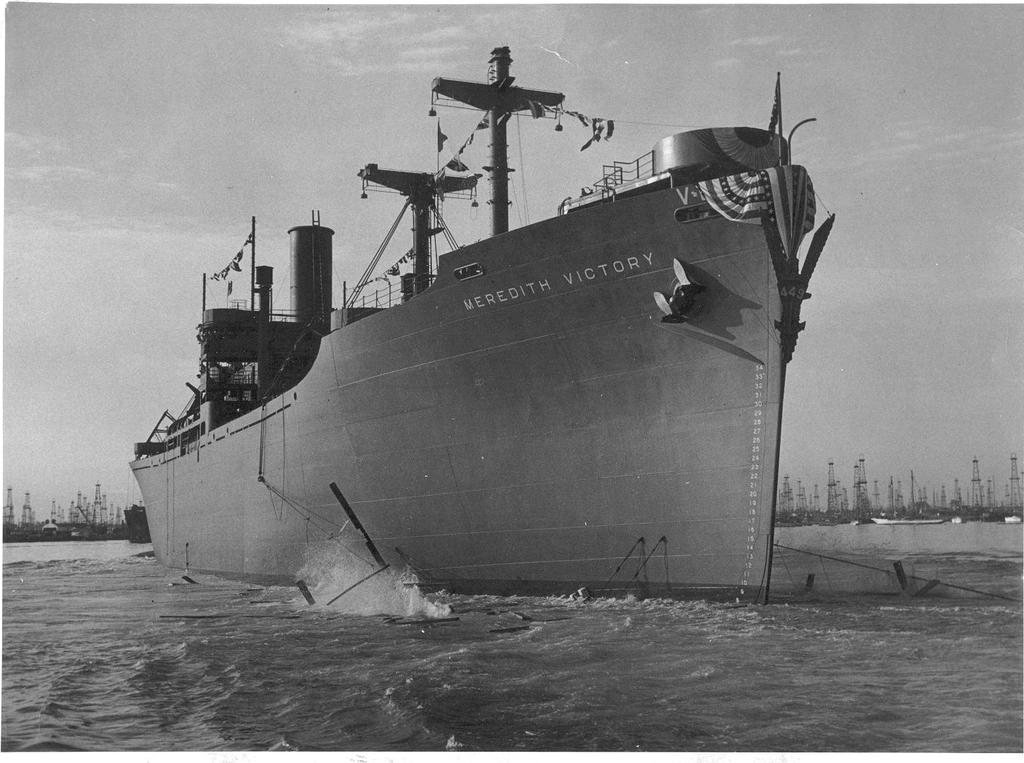 ~ A Victory Ship Christened Meredith ~ Towards the end of World War II, the US Maritime Commission created an improved class of general cargo vessels that were slightly larger, faster and could carry