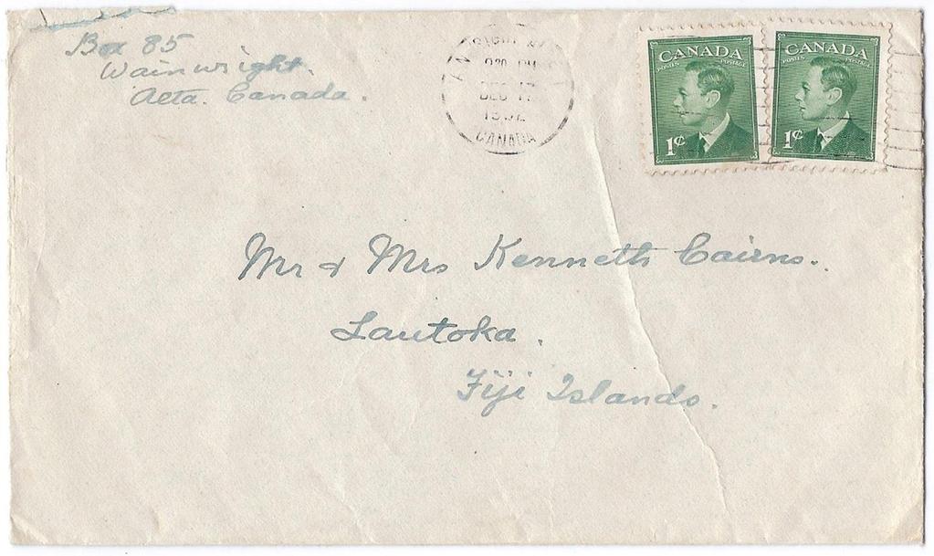 Item 260-02 2 printed papers to Fiji 1953, 1 GEOVI (2) tied by Wainwright Alberta machine cancel on cover paying 2