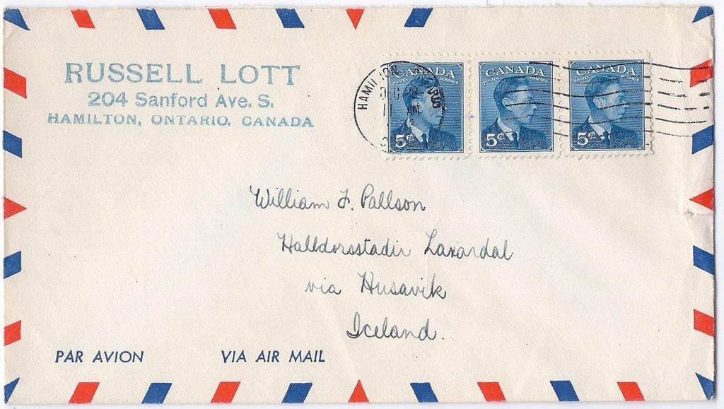 00 Item 260-08 15 airmail to Iceland 1952, 5 GEOVI tied by Hamilton machine cancel on