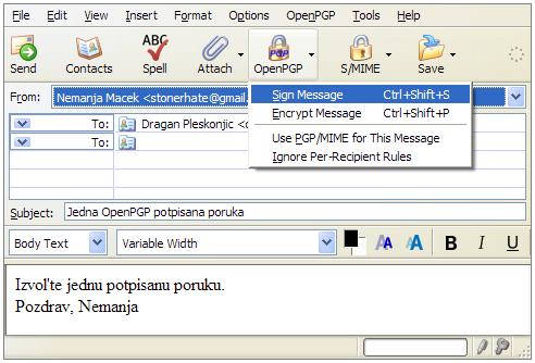 Sigurnost računarskih mreža priručnik za laboratorijske vežbe Slika 7.7 Mozilla Thunderbird i Enigmail: potpisivanje pošte Pre slanja, Enigmail će pozvati GnuPG da potpiše poruku.