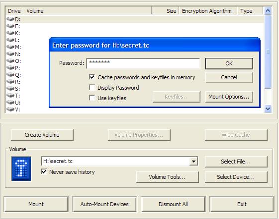 Kriptografski softver Aktiviranje i deaktiviranje volumena Pokretanjem datoteke sa ekstenzijom.tc u Windows Exploreru otvara se TrueCrypt dijalog za aktiviranje volumena.