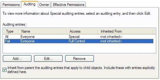 Kontrola pristupa i zaštita operativnog sistema Windows 2000/XP/2003 Slika 8.5 Dijalog Advanced Security Setting, kartica Auditing 8.