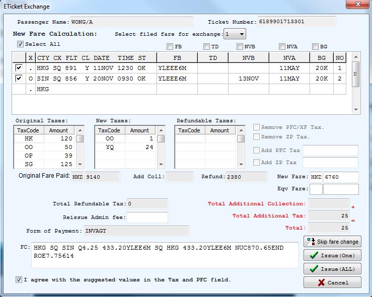 Travelport Ticket Manager for Asia (TTMA) - Exchange -select the file fare -1 new segments -2 additional or refundable taxes -3 remove or add ZP or PFC -4 additional or refund value