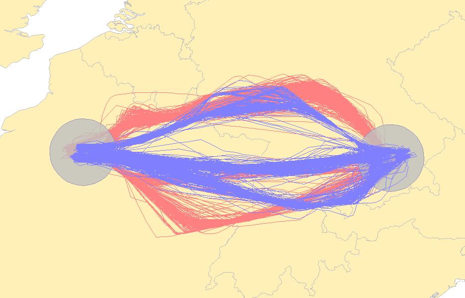 Example: efficiency difference between flight direction on given city pair LFPG > EDDM Munich > Paris