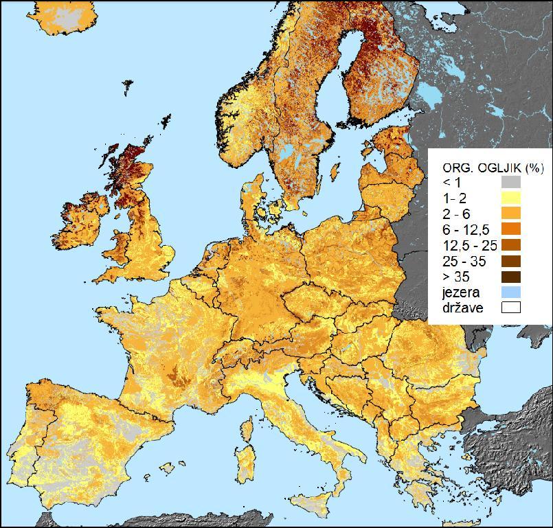 (Vir: Prirejeno po EC - JRC) Slika 3: Porazdelitev organskega ogljika v vrhnji plasti tal v Evropi 2.