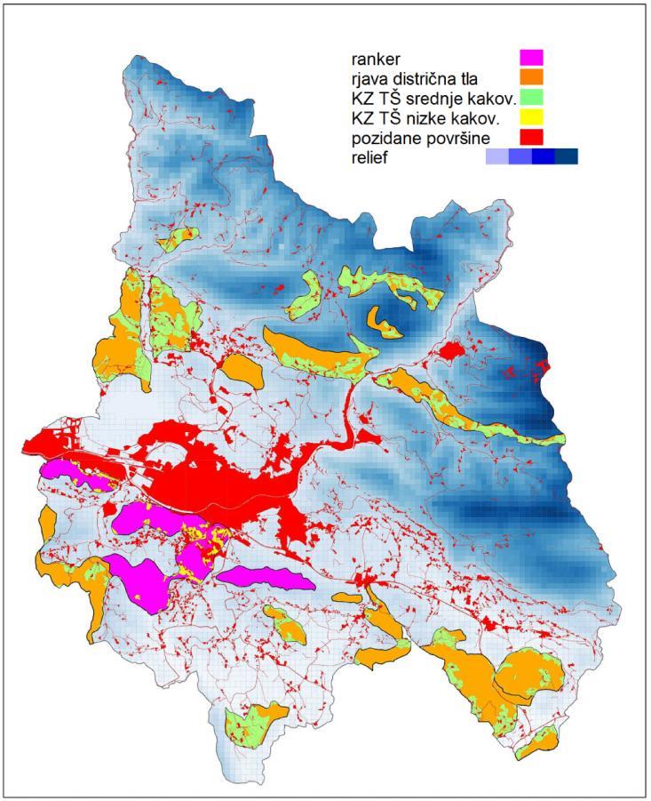 (Vir: Avtor, ) Slika 21: Lokacije in raba rjavih distričnih tal in rankerja v MOV Komentar: Lokacije rjavih distričnih tal in rankerja v MOV, večina zemljišč je pokrita z gozdom (oranžno, rožnato),