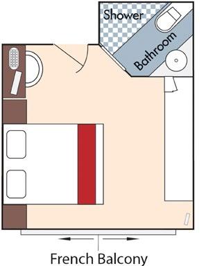 Stateroom: Category CB Size: 155 sq. ft. with French Balcony Located on both the Cello and Violin decks, this room offers a French balcony and all the amenities you need.