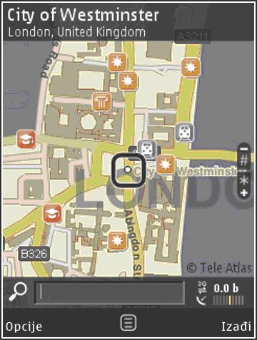 Pozicioniranje (GPS) 102 Vaša trenutna lokacija Da biste uspostavili GPS vezu i zumirali svoju trenutnu lokaciju, izaberite Opcije > Moja pozicija ili pritisnite 0.