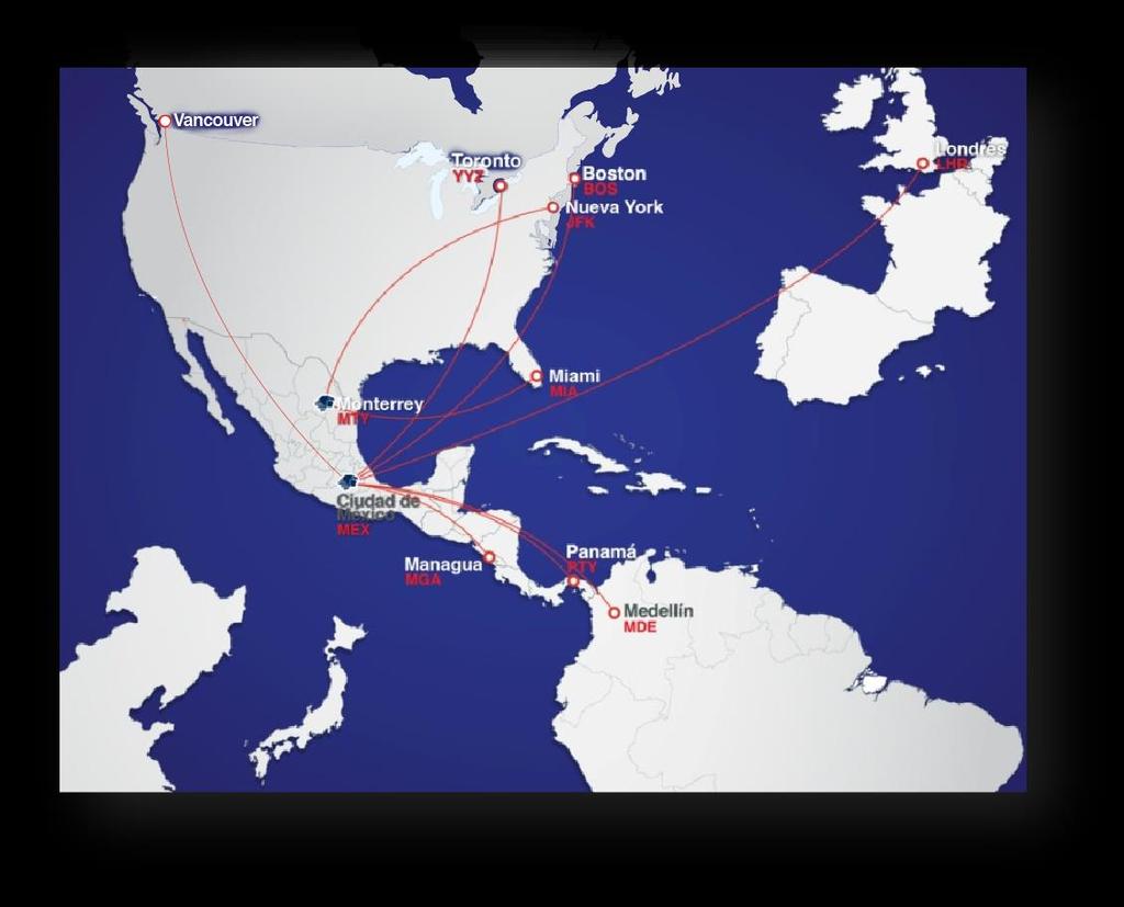 Monterrey to New York and Miami. New Routes for 2016 include: Santo Domingo and Amsterdam. Increased frequencies to London.