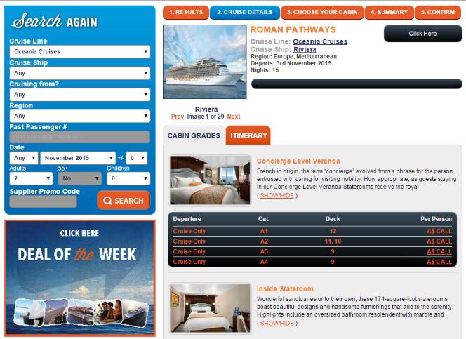Select More Info to continue. Click on A$CALL to select the required cabin category.