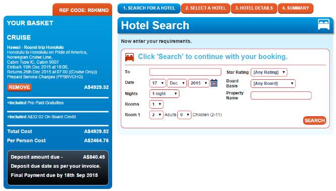 Clicking Add will enable you to add pre/post cruise hotels to your itinerary.