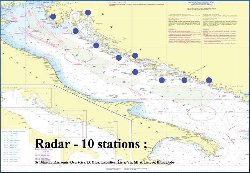 2.1 Pomorski radarski podsustav Pomorski radarski podsustav sastoji se od mreža radarskih postaja, postavljenih na mjestima koja daju najbolju radarsku sliku područja koje se nadzire.