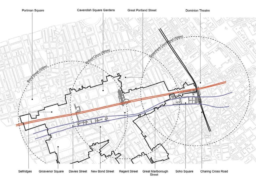 and next steps Executive Indicative line and station locations The Elizabeth line will serve two stations in Bond Street and Tottenham Court Road with multiple entries and exits, many of which are