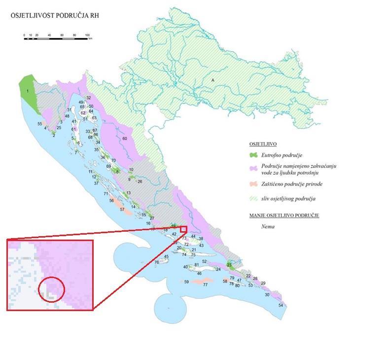 Slika 2.3.-5.: Kartografski prikaz osjetljivih područja RH s označenim područjem 7 Uvidom u Kartu osjetljivih područja Republike Hrvatske (Slika 2.3.-5.) vidljivo je da se lokacija zahvata nalazi u području namijenjenom zahvaćanju vode za ljudsku potrošnju.