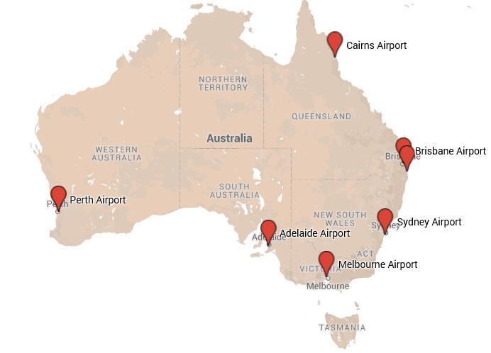 Figure 10: Map of Australia s busiest airports (Source: Google maps) Sydney Airport (SYD) Sydney Kingsford Smith International Airport is located 8km south of Sydney city centre, and is the only