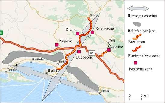 Prva prostorna cjelina kojoj Sinj pripada je metropolitansko područje Splita koje se prostire u dva smjera: Obalna transverzalna okosnica: Trogir Omiš, Otočko-kontinentalna transverzalna okosnica: