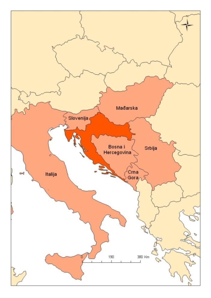 Slika 2: Geografski položaj Republike Hrvatske u odnosu na susjedne države Republika Hrvatska je administrativno podijeljena na 21 jedinicu regionalne samouprave, odnosno na 20 županija i Grad