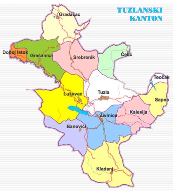 Republike Srpske (RS). Po Ustavu Federacije Bosne i Hercegovine (FBiH) kantoni su administrativno-teritorijalne jedinice. Jedan od deset kantona u FBiH je i Tuzlanski kanton (TK).