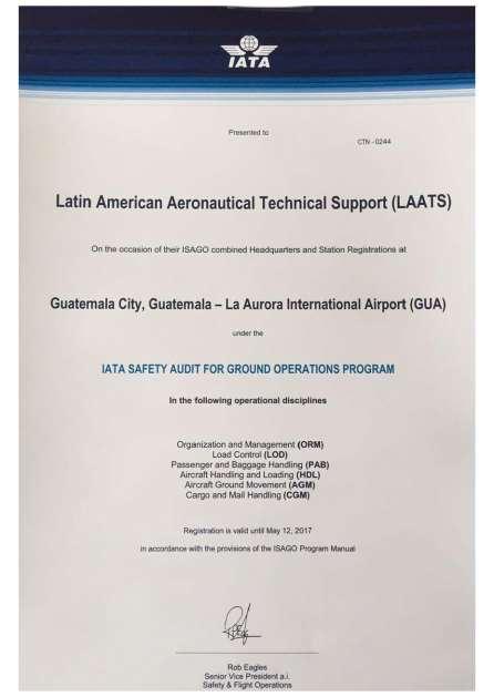 The International Air Transport Association (IATA) awarded LAATS SA on May 2011, whit the IATA Safety Audit for Ground Operations (ISAGO) after a process that consisted in