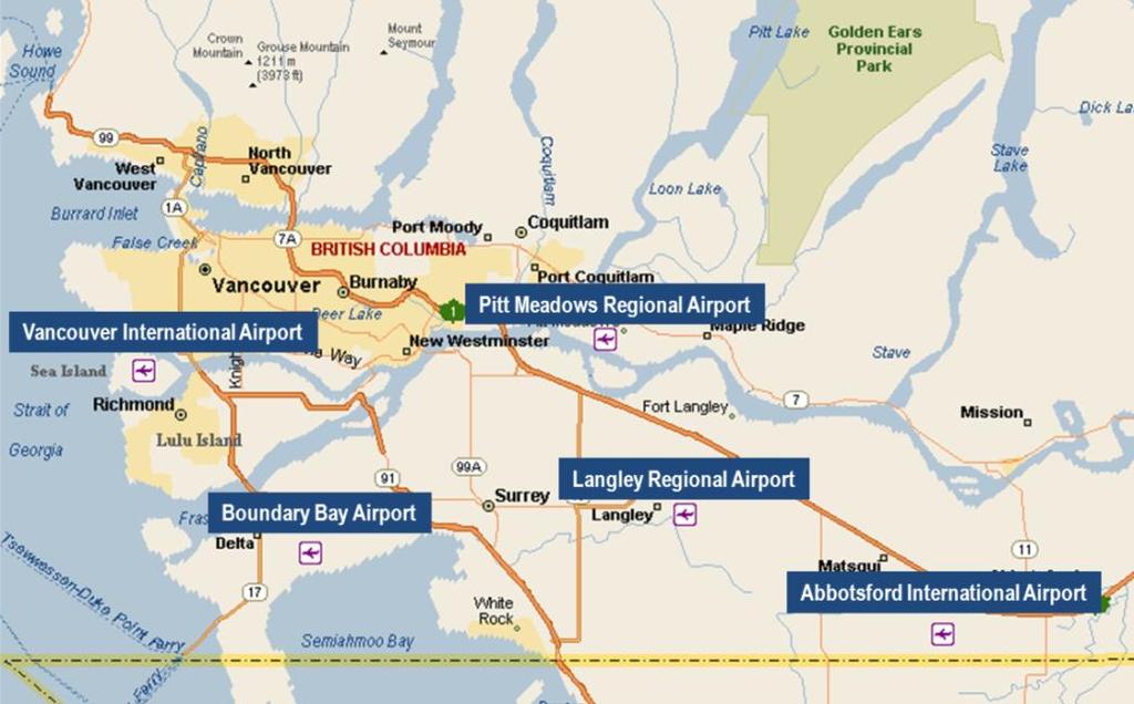 11 Figure 3-1: Competitive Regional Airports in the Lower Mainland Source: MapPoint. In terms of annual aircraft movements, Boundary Bay ranked first in 2009.