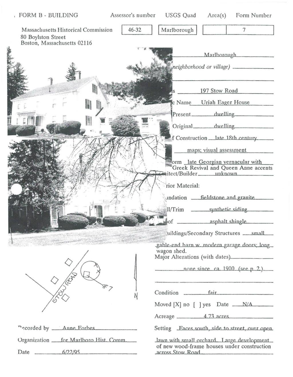 FORM B - BUILDING Assessor's number USGS Quad Area(s) Form Number Massachusetts Historical Commission I 46-32 80 Boylston Street Boston, Massachusetts 02116 I I Marlborough I ] 7 _---' ighborhood or