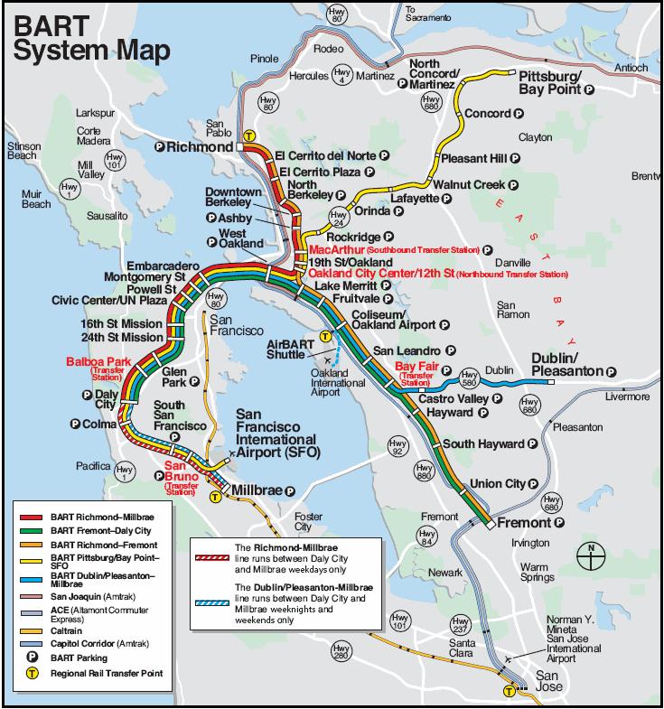 BART operates five routes on 104 miles (167 km) of line, with 44 stations in four counties.