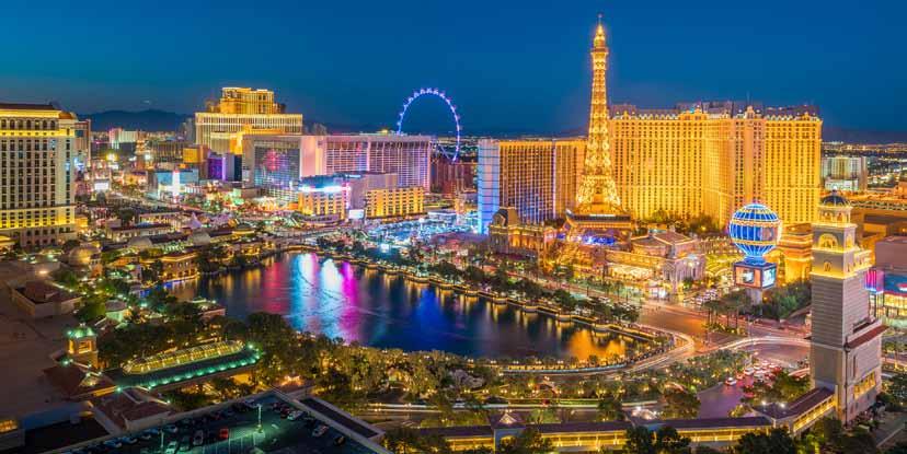 Its focal point is the Strip, just over 4 miles long and lined with elaborate themed hotels such as the pyramid-shaped Luxor and the Venetian, complete with Grand Canal and the Bellagio, set behind