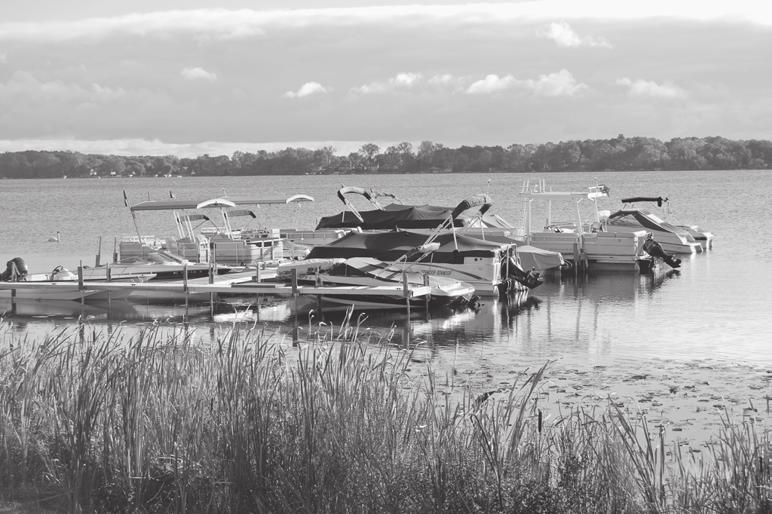 Boats await a pleasant day on Whitmore Lake County at mile 6.1. The environment comes to include more houses and fewer farms.