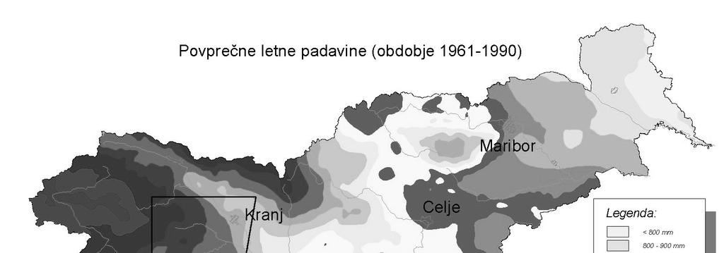 3.3.5.1. Karta povprečnih letnih padavin v Sloveniji za referenčno obdobje 1961 1990 Lastnik podatkov povprečnih letnih padavin za referenčno obdobje med leti 1961 1990 je MOP HMZ.